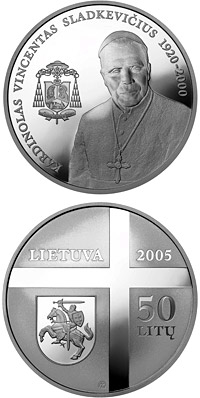 Image of 50 litas coin - Cardinal Vincentas Sladkevicius (1920–2000)  | Lithuania 2005.  The Silver coin is of Proof quality.