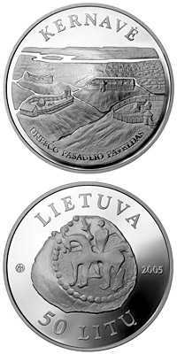 Image of 50 litas coin - Kernave  | Lithuania 2005.  The Silver coin is of Proof quality.