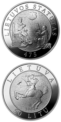 Image of 50 litas coin - 475th Anniversary of the First Statute of Lithuania  | Lithuania 2004.  The Silver coin is of Proof quality.