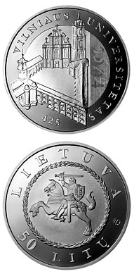 Image of 50 litas coin - 425th anniversary of Vilnius University  | Lithuania 2004.  The Silver coin is of Proof quality.