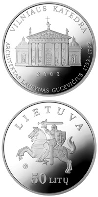 Image of 50 litas coin - Vilnius Cathedral  | Lithuania 2003.  The Silver coin is of Proof quality.