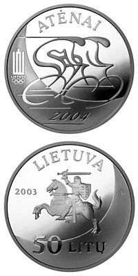 Image of 50 litas coin - XXVIII Olympic Games in Athens  | Lithuania 2003.  The Silver coin is of Proof quality.