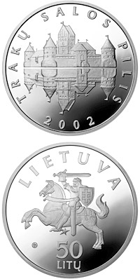 Image of 50 litas coin - Trakai Island Castle | Lithuania 2002.  The Silver coin is of Proof quality.