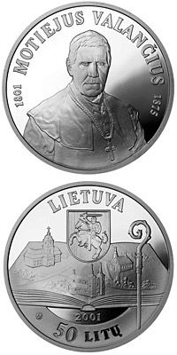 Image of 50 litas coin - 200th birth Anniversary of Motiejus Valančius (1801-1875)  | Lithuania 2001.  The Silver coin is of Proof quality.