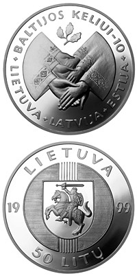 Image of 50 litas coin - 10th Anniversary of the Baltic Way  | Lithuania 1999.  The Silver coin is of Proof quality.