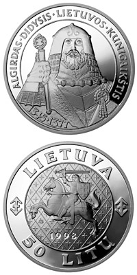 Image of 50 litas coin - Algirdas, the Grand Duke of Lithuania | Lithuania 1998.  The Silver coin is of Proof quality.