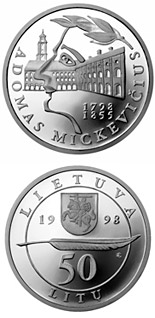 Image of 50 litas coin - 200th birth Anniversary of Adam Mickiewicz (Adomas Mickevičius)  | Lithuania 1998.  The Silver coin is of Proof quality.