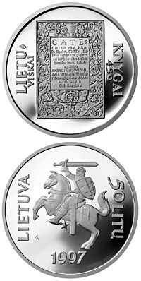 Image of 50 litas coin - 450th Anniversary of the first Lithuanian book  | Lithuania 1997.  The Silver coin is of Proof quality.
