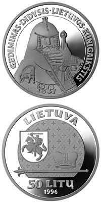 Image of 50 litas coin - Gediminas, the Grand Duke of Lithuania | Lithuania 1996.  The Silver coin is of Proof quality.
