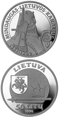 Image of 50 litas coin - Mindaugas, the King of Lithuania | Lithuania 1996.  The Silver coin is of Proof quality.