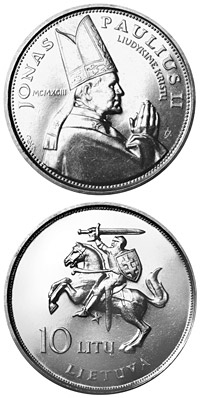 Image of 10 litas coin - The Visit of Pope John Paul II to Lithuania  | Lithuania 1993