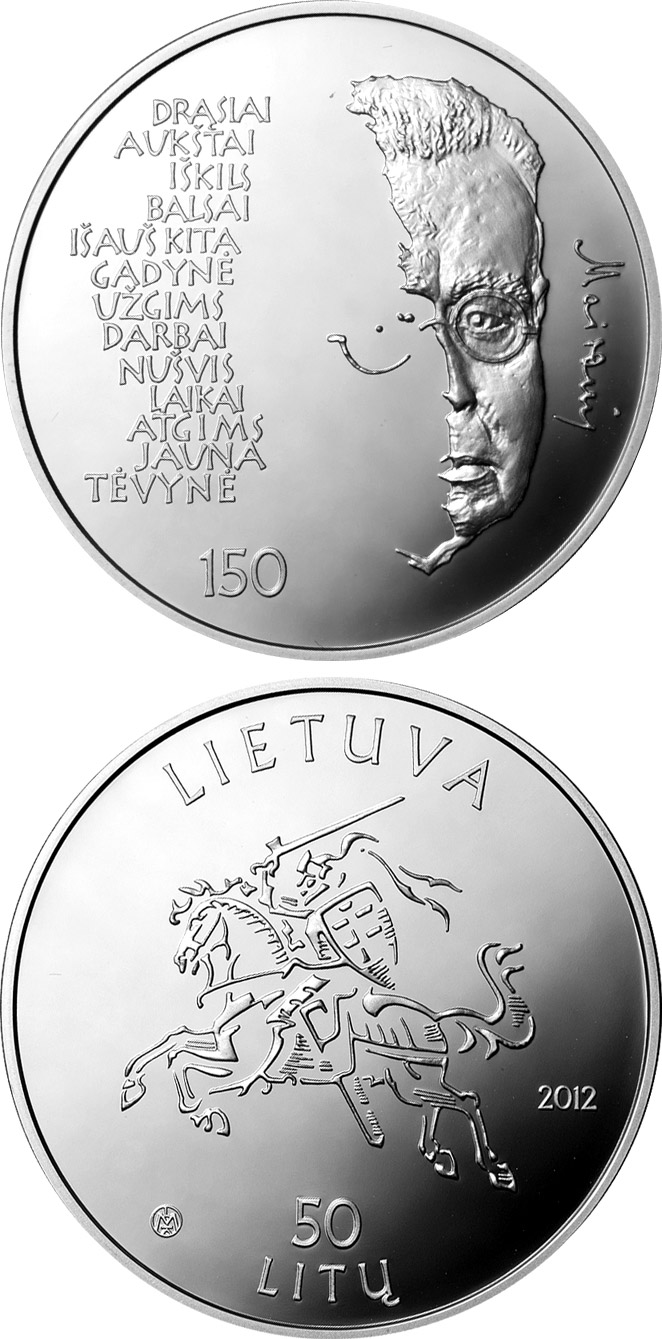 Image of 50 litas coin - 150th Anniversary of the Birth of Maironis  | Lithuania 2012.  The Silver coin is of Proof quality.