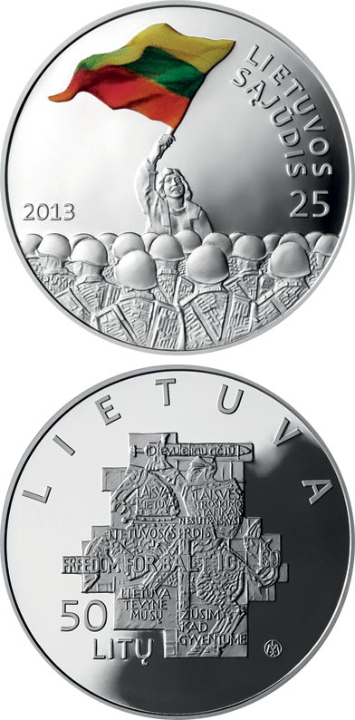 Image of 50 litas coin - 25th anniversary of the establishment of the Lithuanian Sąjūdis | Lithuania 2013.  The Silver coin is of proof-like quality.