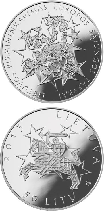 Image of 50 litas coin - Lithuania’s Presidency of the Council of the European Union  | Lithuania 2013.  The Silver coin is of Proof quality.