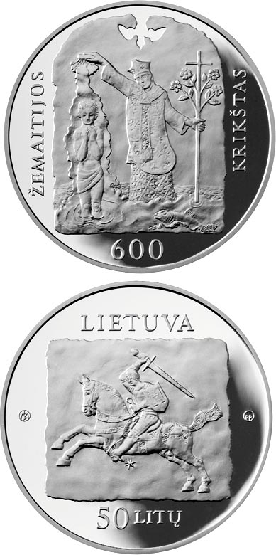 Image of 50 litas coin - 600th anniversary of the christening of Samogitia | Lithuania 2013.  The Silver coin is of Proof quality.