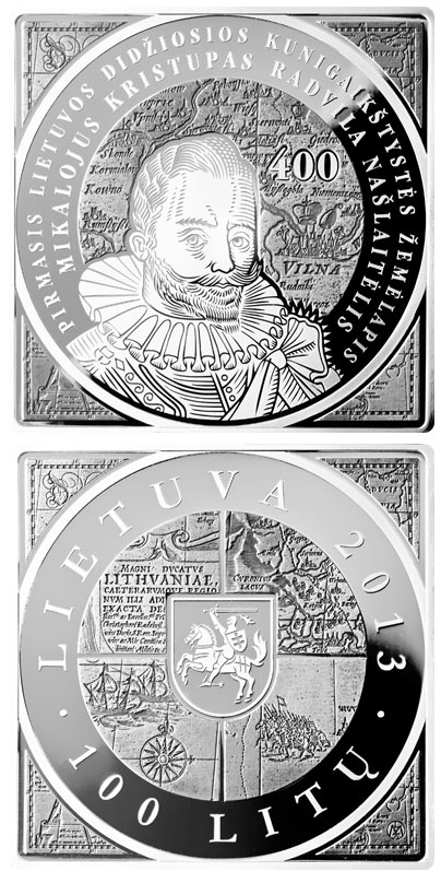 Image of 100 litas coin - 400th Anniversary of the Issuance of the first map of the Grand Duchy of Lithuania  | Lithuania 2013.  The Silver coin is of Proof quality.