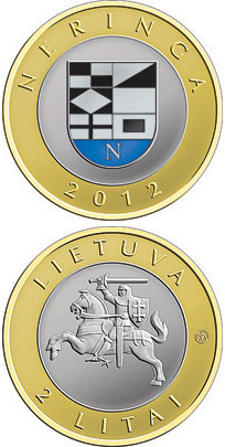 Image of 2 litas coin - Neringa | Lithuania 2012.  The Bimetal: CuNi, nordic gold coin is of Proof, UNC quality.