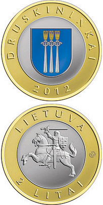 Image of 2 litas coin - Druskininkai | Lithuania 2012.  The Bimetal: CuNi, nordic gold coin is of Proof, UNC quality.