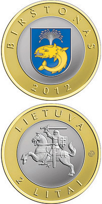 Image of 2 litas coin - Birštonas | Lithuania 2012.  The Bimetal: CuNi, nordic gold coin is of Proof, UNC quality.