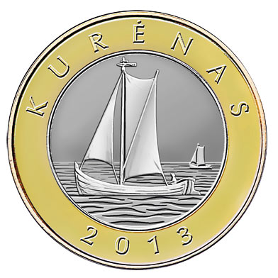 Image of 2 litas coin - Kurenas | Lithuania 2013.  The Bimetal: CuNi, nordic gold coin is of Proof, UNC quality.