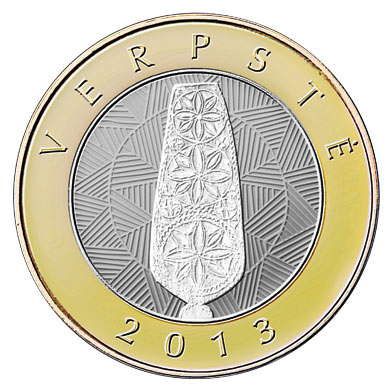 Image of 2 litas coin - Verpste | Lithuania 2013.  The Bimetal: CuNi, nordic gold coin is of Proof, UNC quality.