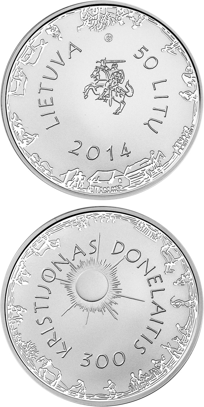 Image of 50 litas coin - 300th Anniversary of the Birth of Kristijonas Donelaitis | Lithuania 2014.  The Silver coin is of Proof quality.