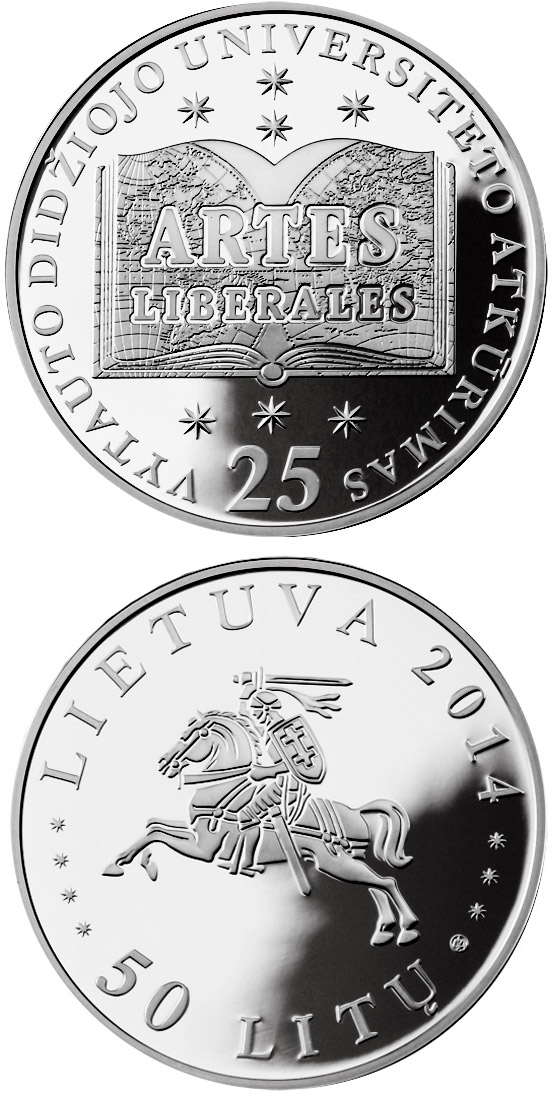Image of 50 litas coin - 25th Anniversary of the Re-establishment of the Vytautas Magnus University | Lithuania 2014.  The Silver coin is of Proof quality.