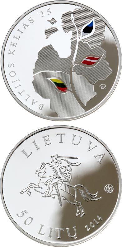 Image of 50 litas coin - 25th anniversary of the Baltic Way | Lithuania 2014.  The Silver coin is of Proof quality.