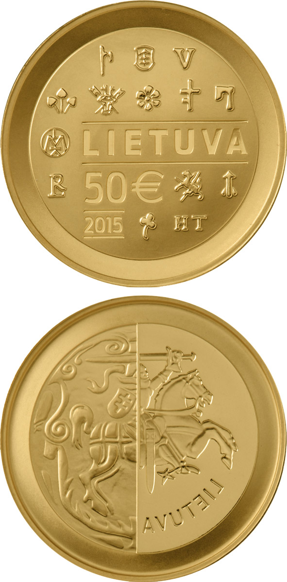 Image of 50 euro coin - The minting of coins in the Grand Duchy of Lithuania  | Lithuania 2015.  The Gold coin is of Proof quality.