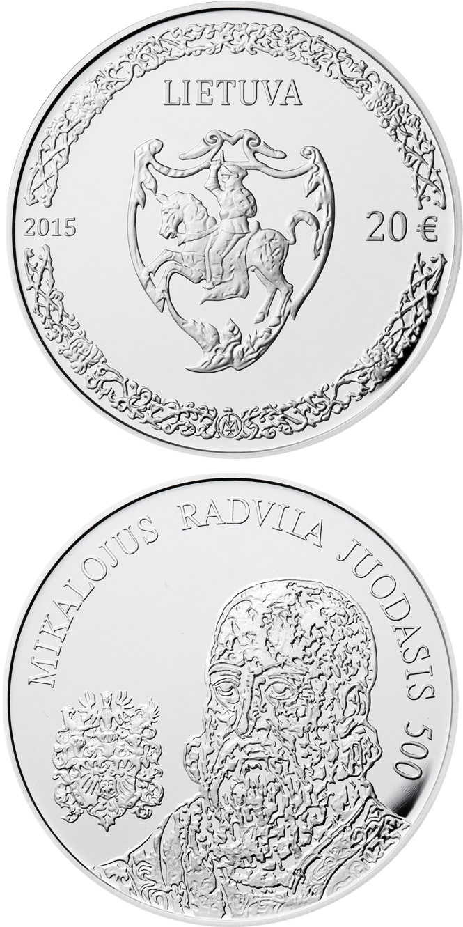 Image of 20 euro coin - 500th anniversary of the birth of Mikalojus Radvila Juodasis | Lithuania 2015.  The Silver coin is of Proof quality.