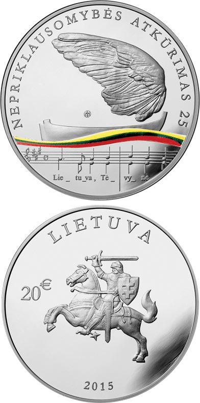 Image of 20 euro coin - 25th anniversary of the restoration of Lithuania’s independence  | Lithuania 2015.  The Silver coin is of Proof quality.