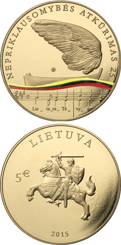 Image of 5 euro coin - 25th anniversary of the restoration of Lithuania’s independence  | Lithuania 2015.  The Nordic gold (CuZnAl) coin is of UNC quality.