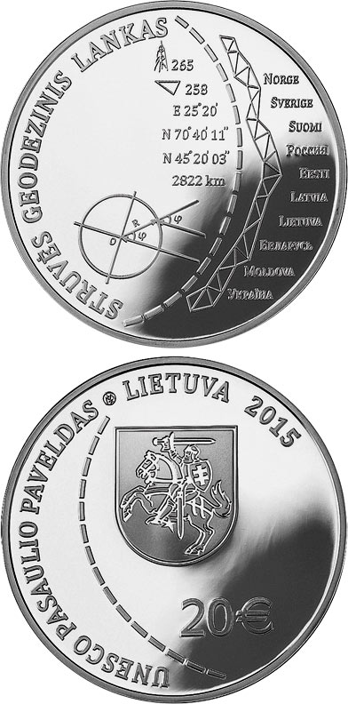 Image of 20 euro coin - Struve Geodetic Arc (UNESCO World Heritage) | Lithuania 2015.  The Silver coin is of Proof quality.