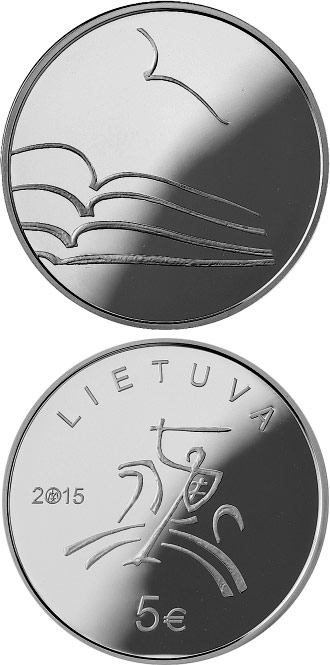 Image of 5 euro coin - The Literature  | Lithuania 2015.  The Nordic gold (CuZnAl) coin is of UNC quality.