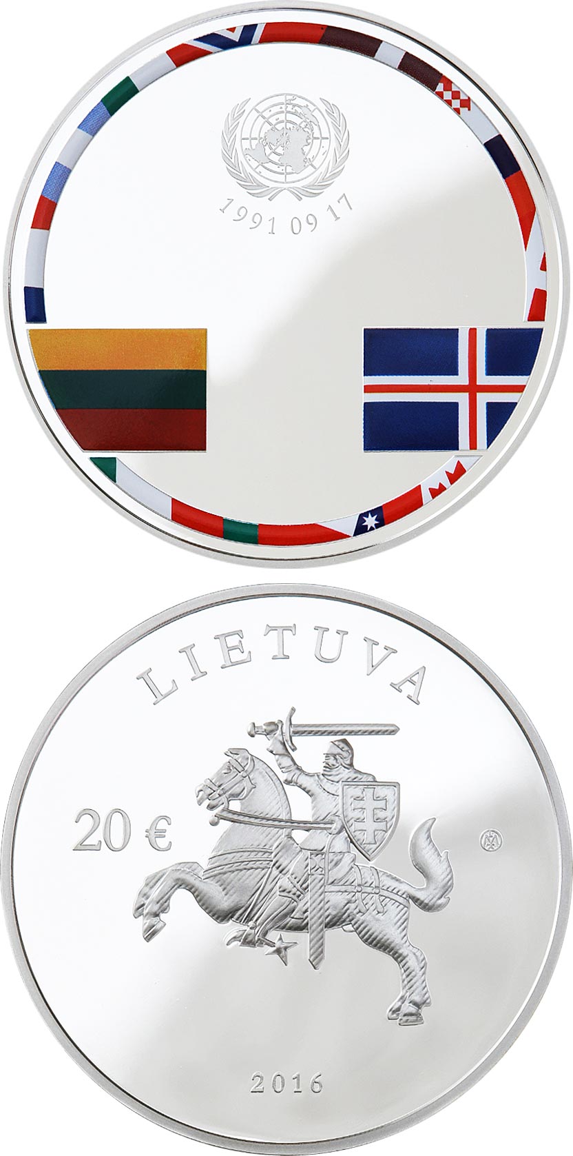 Image of 20 euro coin - 25th anniversary of the consolidation of Independence | Lithuania 2016.  The Silver coin is of Proof quality.