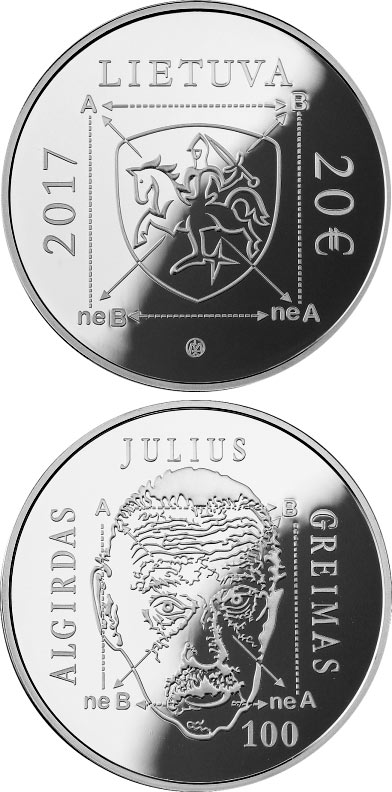 Image of 20 euro coin - 100th anniversary of Algirdas Julius Greimas  | Lithuania 2017.  The Silver coin is of Proof quality.