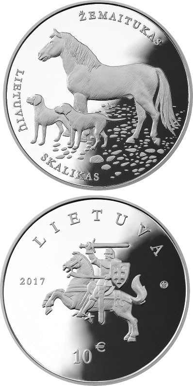 Image of 10 euro coin - Lithuanian Hound and Žemaitukas | Lithuania 2017.  The Silver coin is of Proof quality.