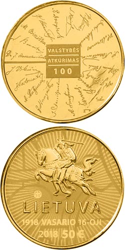 Image of 50 euro coin - Signatories  | Lithuania 2018.  The Gold coin is of Proof quality.