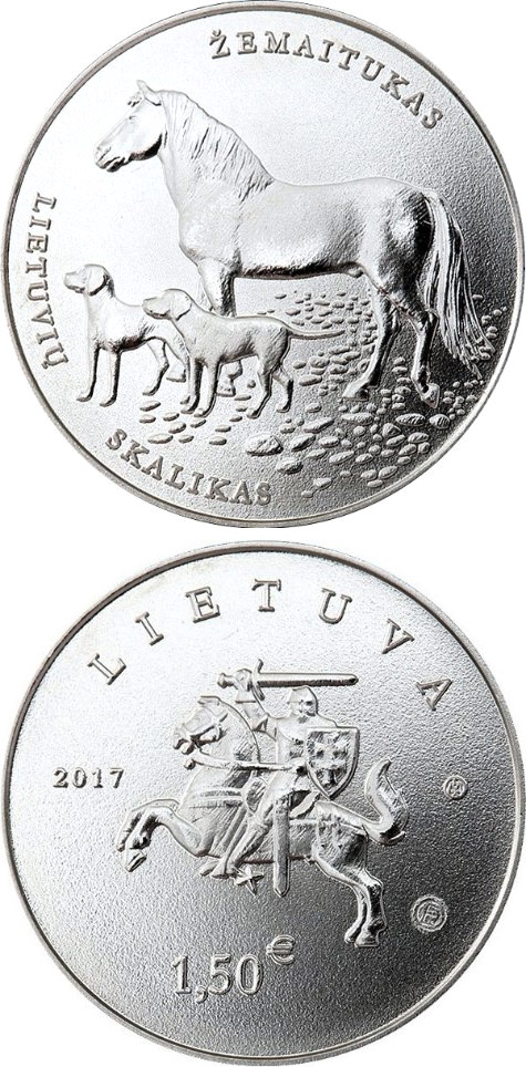 Image of 1.5 euro coin - Lithuanian Hound and Žemaitukas | Lithuania 2017.  The Copper–Nickel (CuNi) coin is of UNC quality.