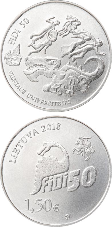 Image of 1.5 euro coin - Vilnius University Physicist`s Day, FiDi 50 | Lithuania 2018.  The Copper–Nickel (CuNi) coin is of UNC quality.