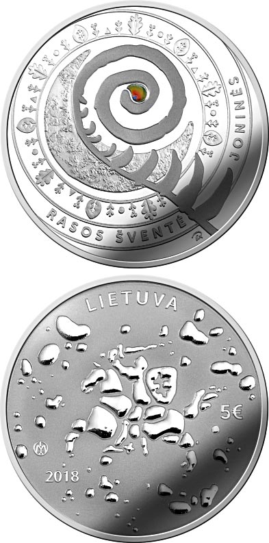 Image of 5 euro coin - Joninės (Rasos) | Lithuania 2018.  The Silver coin is of Proof quality.