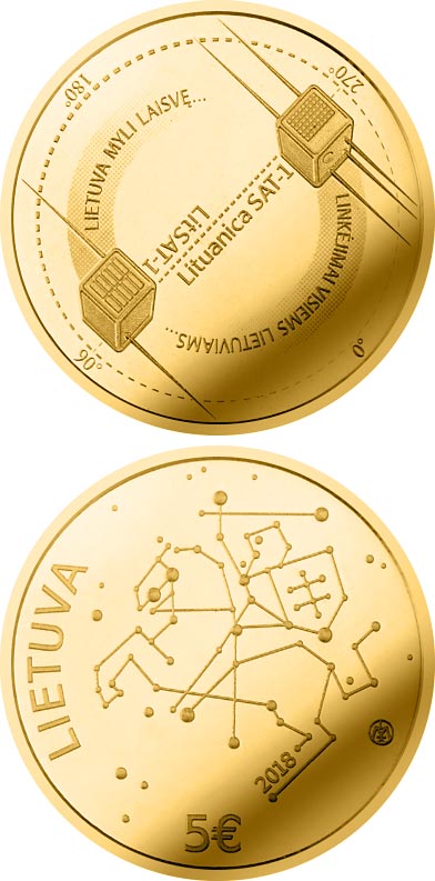 Image of 5 euro coin - Technological Sciences | Lithuania 2018.  The Gold coin is of Proof quality.