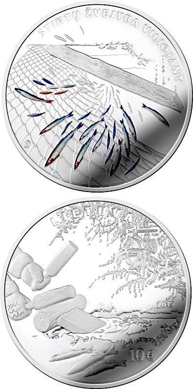 Image of 10 euro coin - Smelt fishing by attracting | Lithuania 2019.  The Silver coin is of Proof quality.