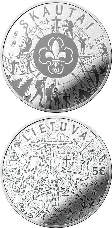 Image of 5 euro coin - Scouts | Lithuania 2019.  The Silver coin is of Proof quality.