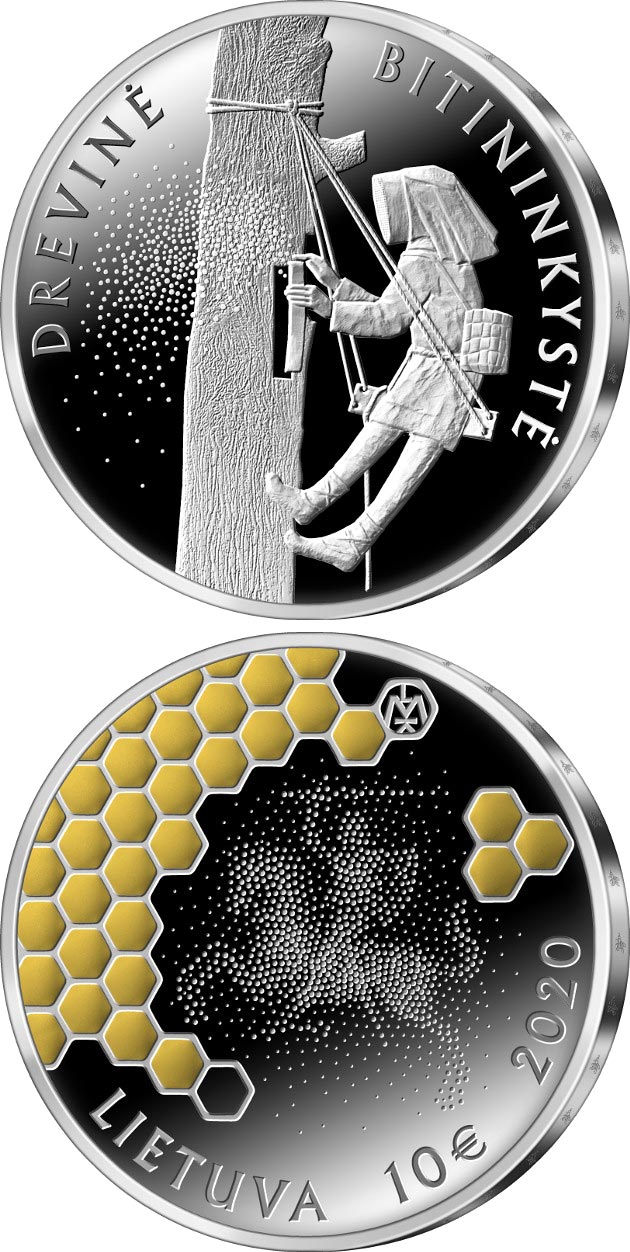 Image of 10 euro coin - The Tree Beekeeping | Lithuania 2020.  The Silver coin is of Proof quality.