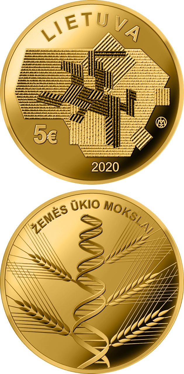 Image of 5 euro coin - Agricultural Sciences | Lithuania 2020.  The Gold coin is of Proof quality.