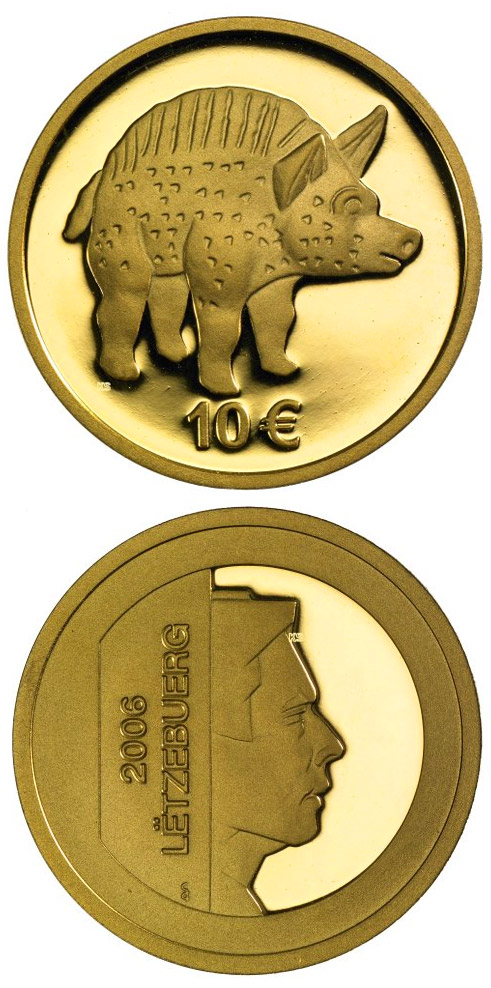 Image of 10 euro coin - Boar from Titelberg  | Luxembourg 2006.  The Gold coin is of Proof quality.