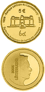 Image of 5 euro coin - 5 years Central Bank of Luxembourg  | Luxembourg 2003.  The Gold coin is of Proof quality.