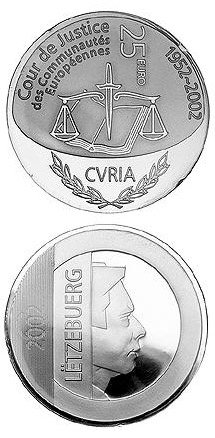 Image of 25 euro coin - 50 years Court of Justice of the European Communities  | Luxembourg 2002.  The Silver coin is of Proof quality.