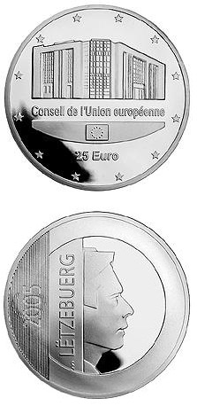 Image of 25 euro coin - Council of the European Union and Luxembourg Presidency  | Luxembourg 2005.  The Silver coin is of Proof quality.